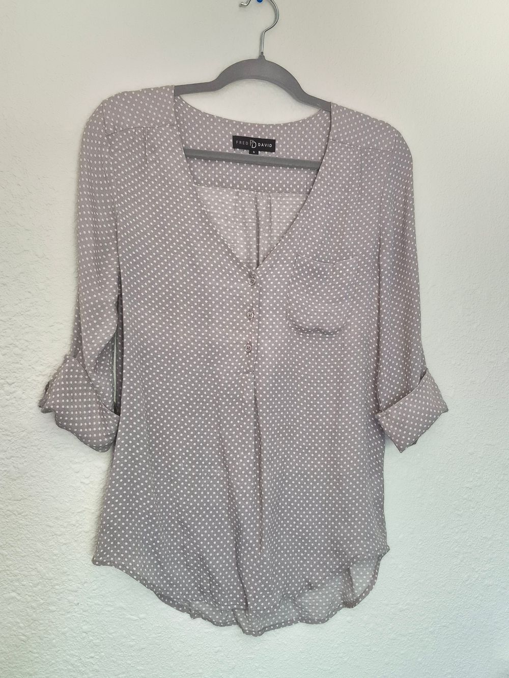 Fred David Grey Polka Dot Henley Blouse Size Small
